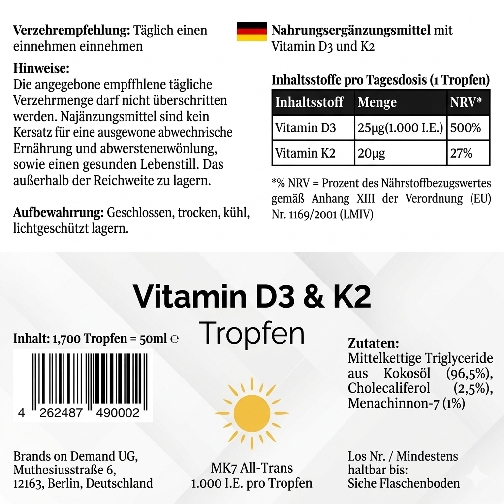 Vitamin D3 + K2 - 1.700 Tropfen (1.000 I.E.) - 50ml